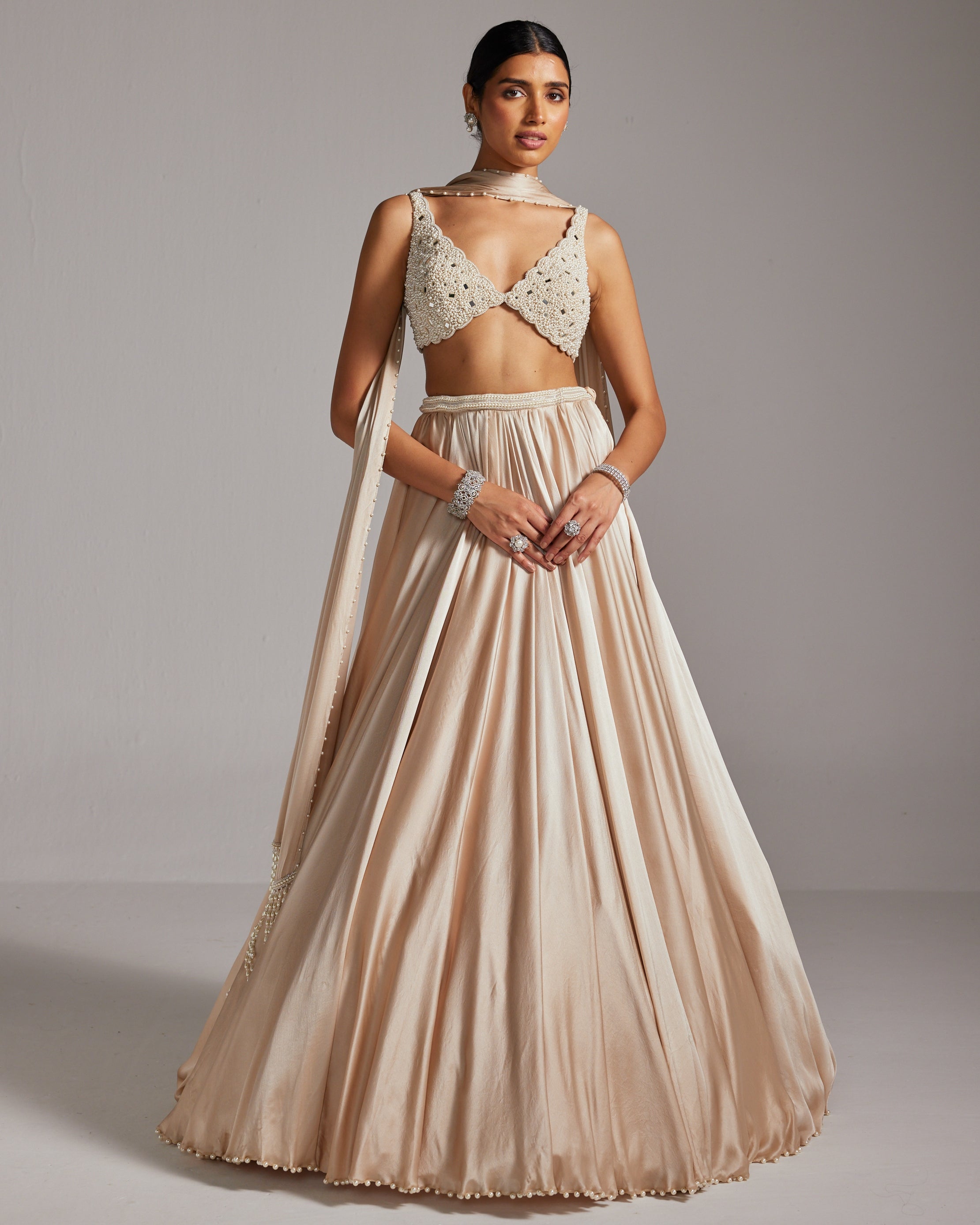 Light Beige V Neck Satin Skirt Set By KYNAH, Luxury Indian Fashion & Bridal Wear
