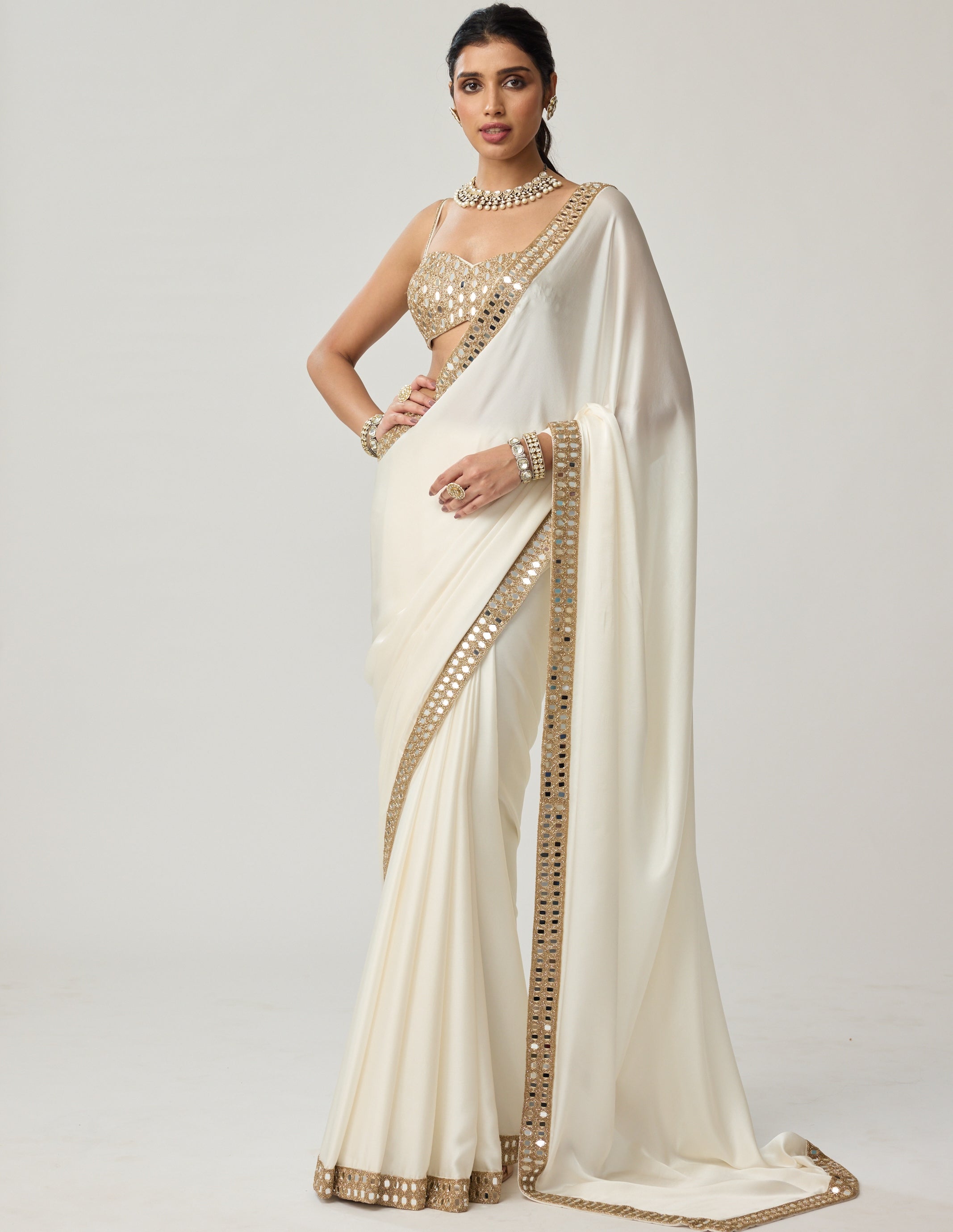 Off White Mirror Satin Sari Set By KYNAH, Luxury Indian Fashion & Bridal Wear