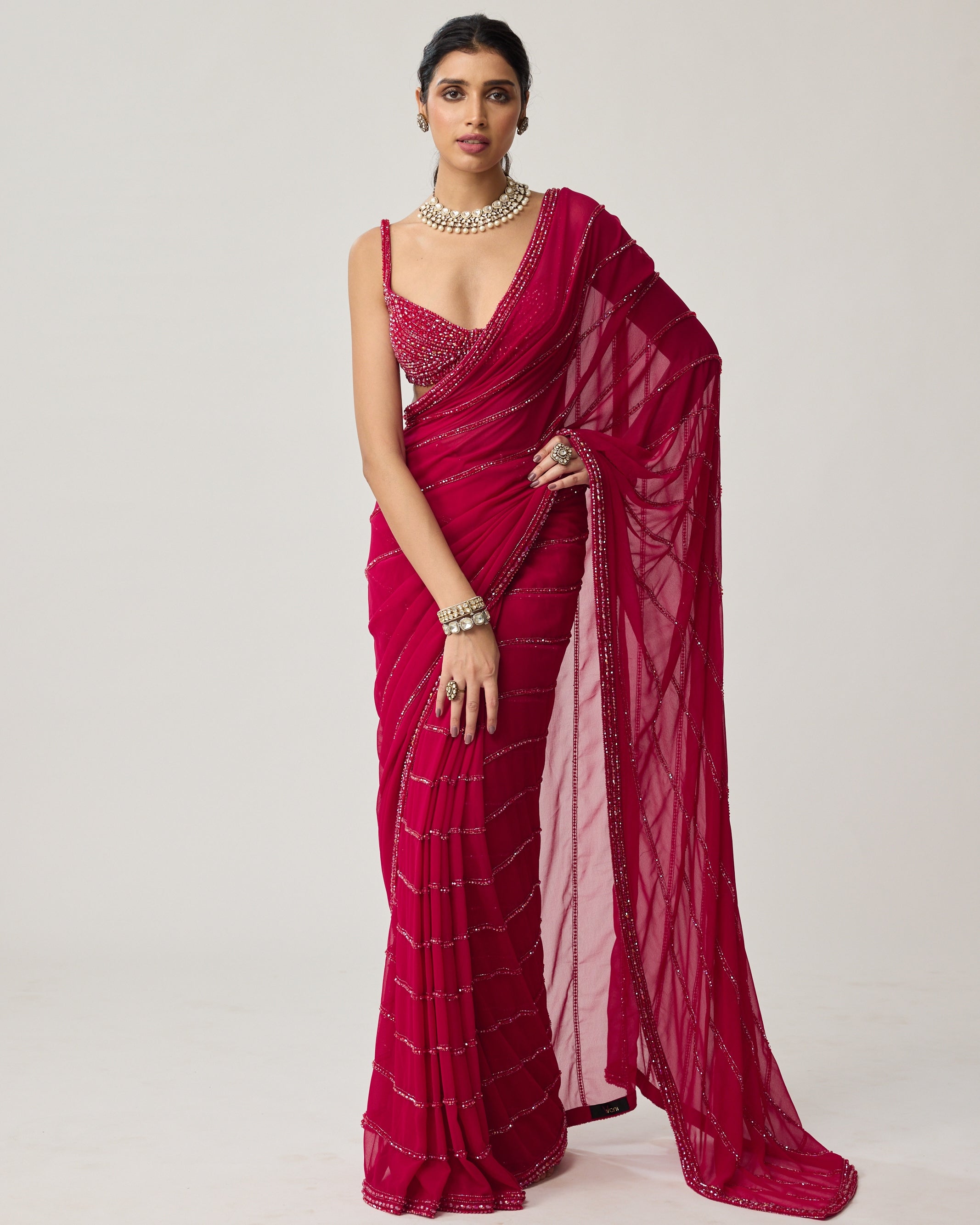 Ruby Red Crystal Sari Set By KYNAH, Luxury Indian Fashion & Bridal Wear