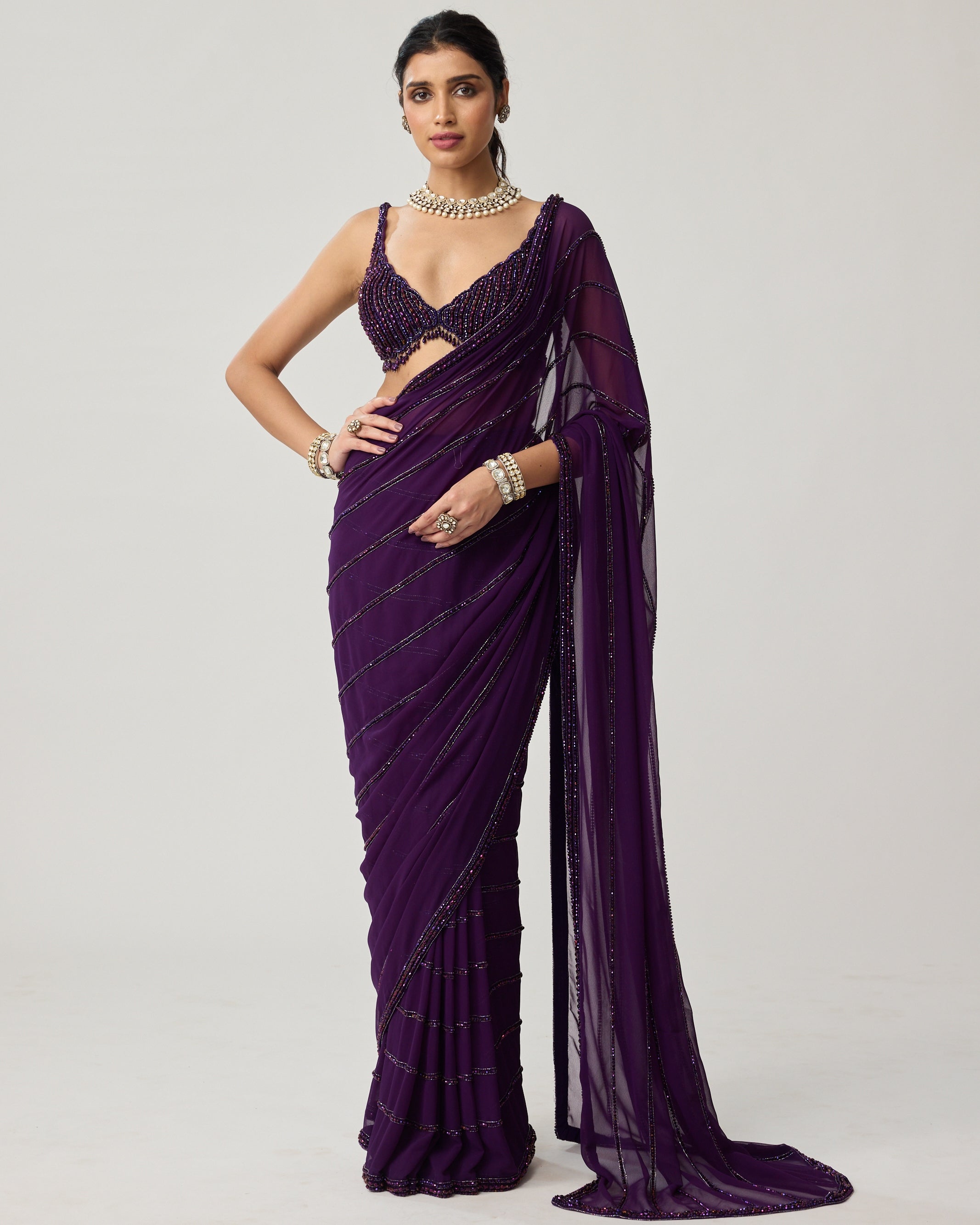 Royalty Purple Crystal Sari Set By KYNAH, Luxury Indian Fashion & Bridal Wear