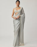 Powder Grey Chiffon Pearl And Mirror Sari Set By KYNAH, Luxury Indian Fashion & Bridal Wear