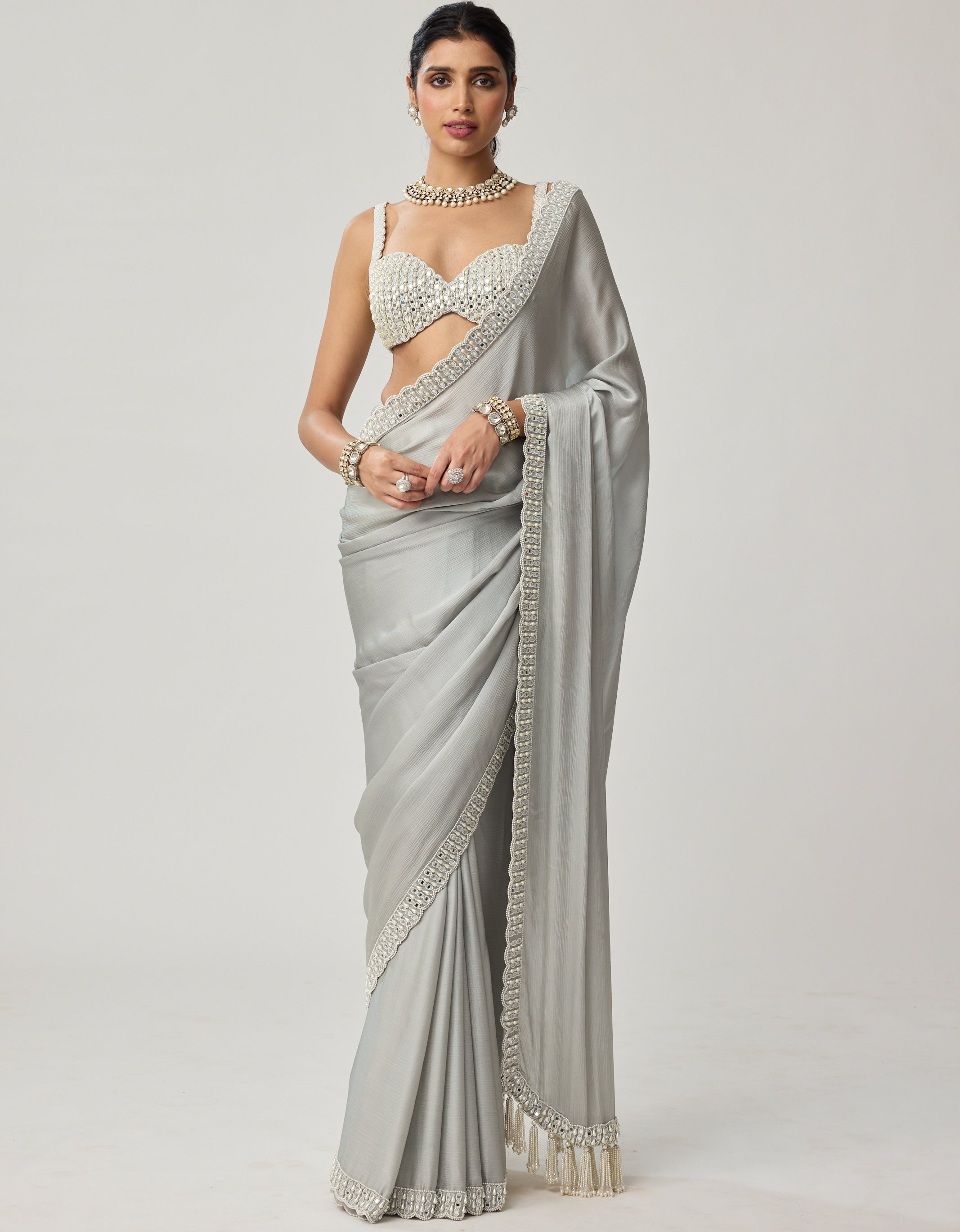 Powder Grey Chiffon Pearl And Mirror Sari Set By KYNAH, Luxury Indian Fashion & Bridal Wear