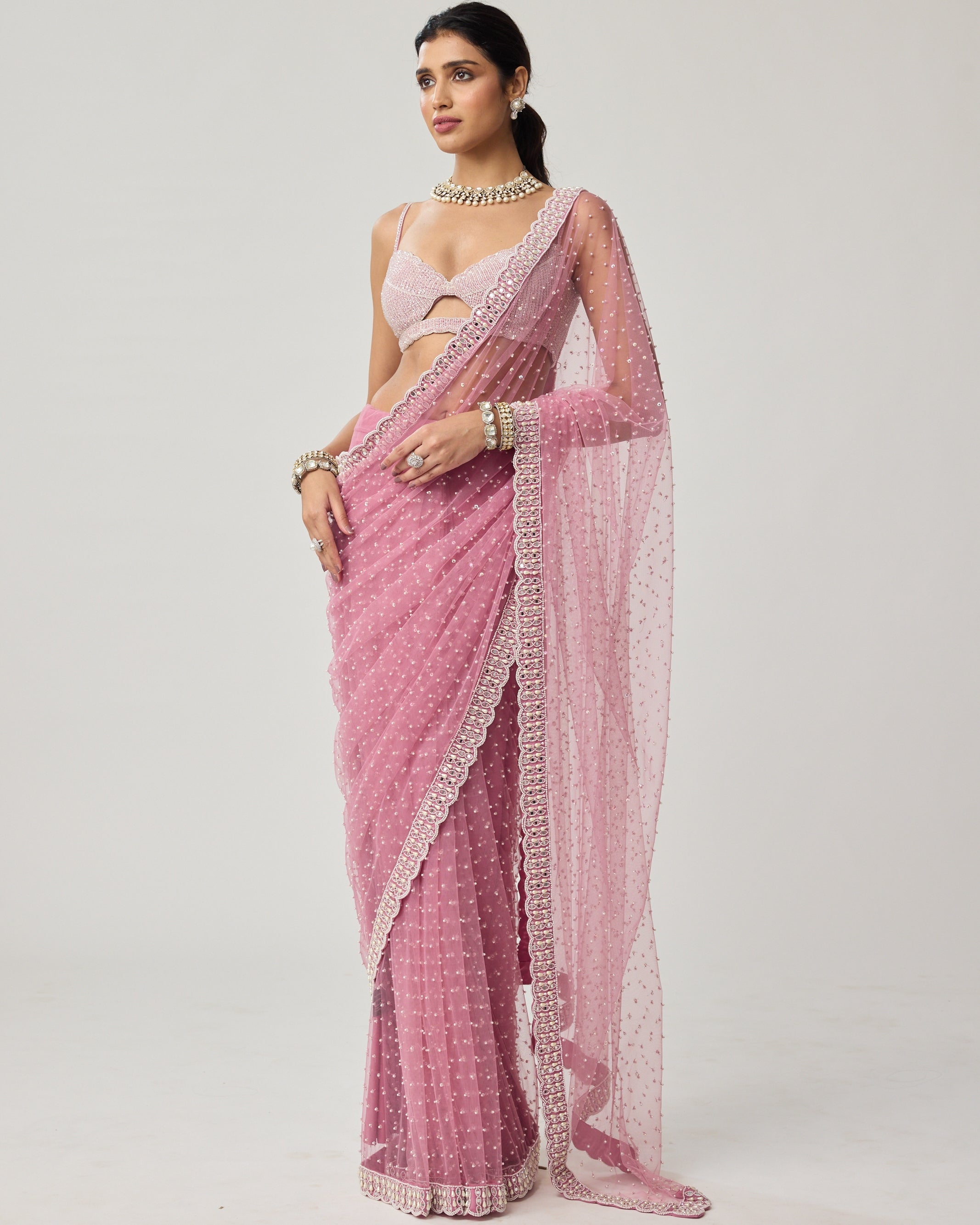 Onion Pink Pearl Scattered Net Sari Set By KYNAH, Luxury Indian Fashion & Bridal Wear