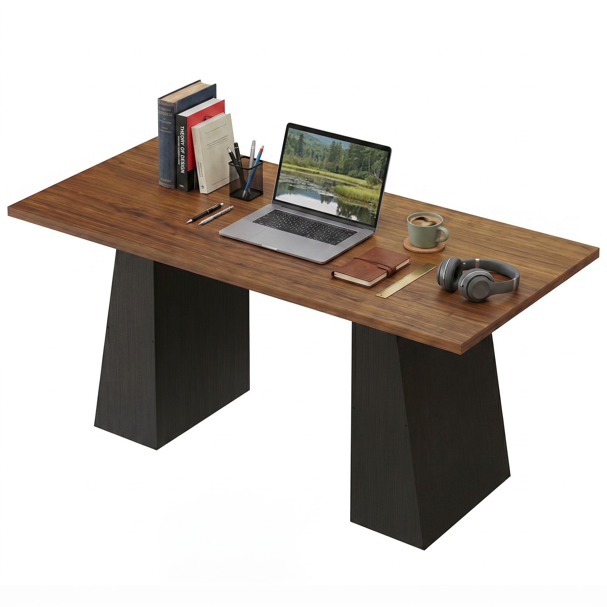 63-inch Industrial Computer Desk with Trapezoid Frame, Light Walnut and Black