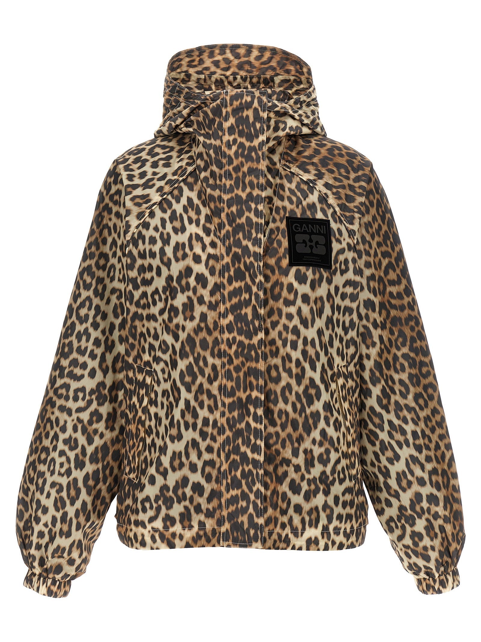 Ganni Leopard Print Nylon Windbreaker — Tan