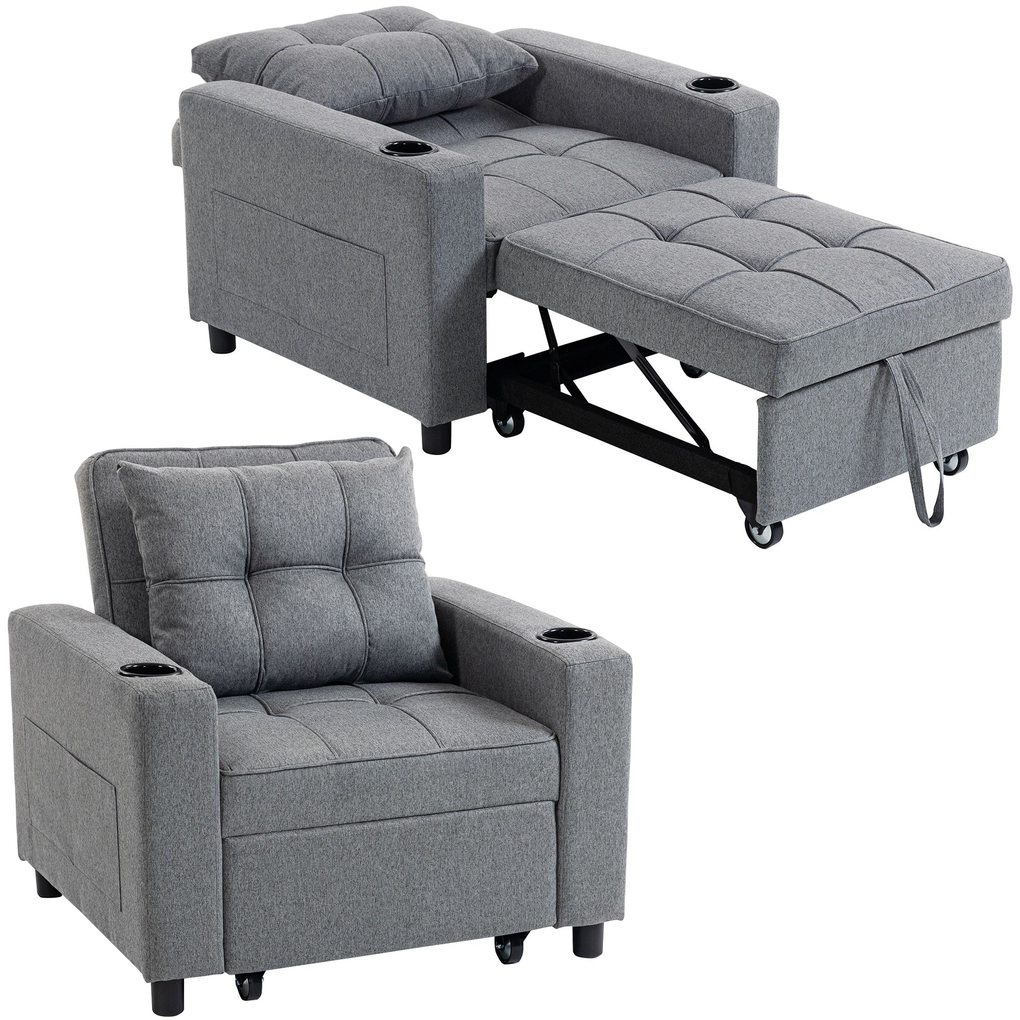 3-in-1 Reclining Sofa Bed Chair with Cup Holders & Side Pockets, Dark Grey