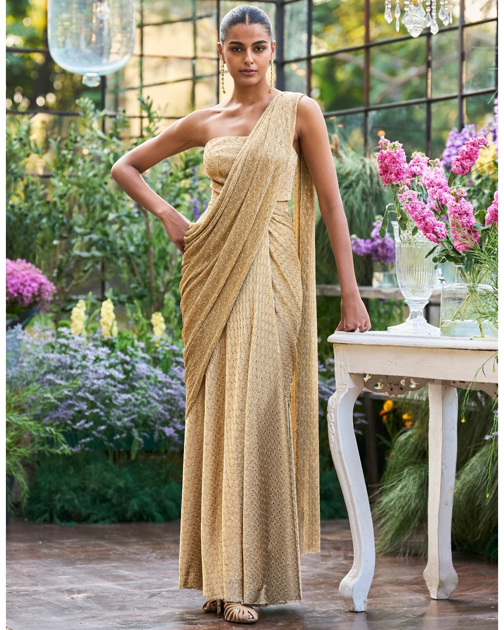 Antique Gold Sari Drape Gown By KYNAH, Luxury Indian Fashion & Bridal Wear
