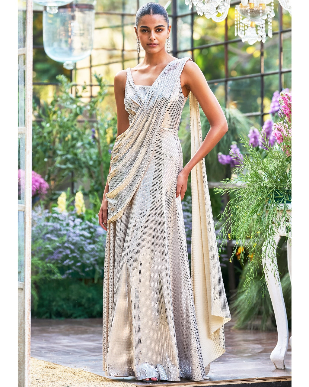 Pearl Escent Ivory Sari Drape Gown By KYNAH, Luxury Indian Fashion & Bridal Wear