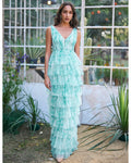 Soft Ice Blue Cascading Printed Gown By KYNAH, Luxury Indian Fashion & Bridal Wear