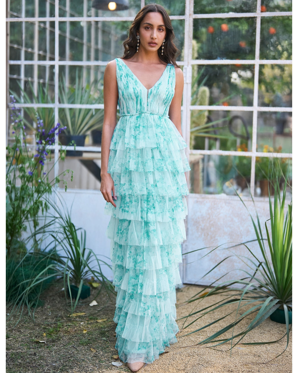 Soft Ice Blue Cascading Printed Gown By KYNAH, Luxury Indian Fashion & Bridal Wear