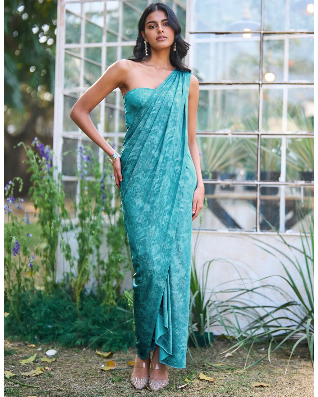 Drapey Aqua Sari Drape Gown By KYNAH, Luxury Indian Fashion & Bridal Wear
