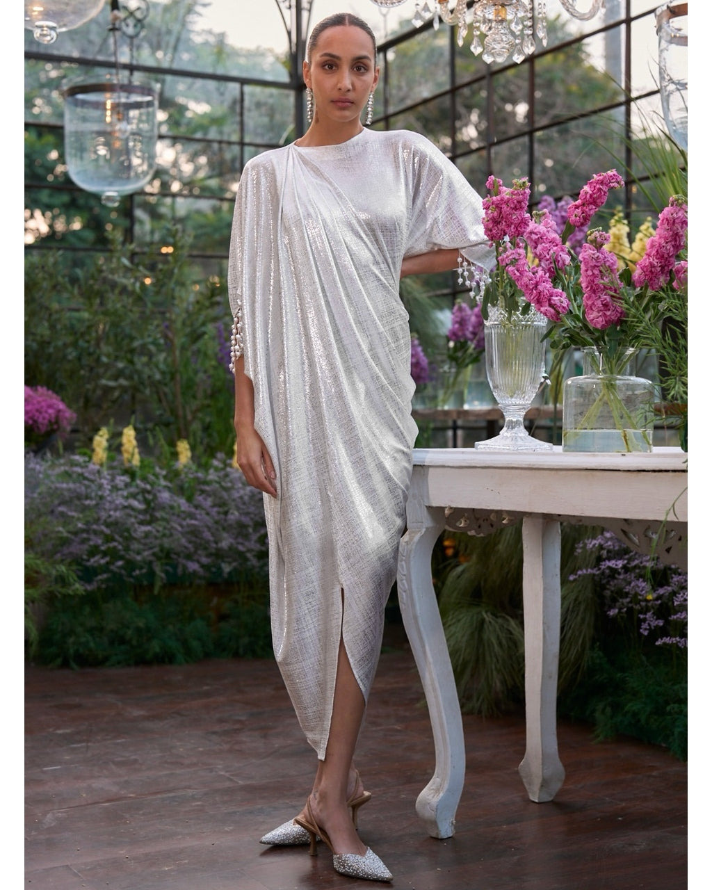 Asymmetric Draped Pearl Kaftan By KYNAH, Luxury Indian Fashion & Bridal Wear