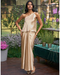 Champagne Twisted One Shoulder Top & Satin Draped Skirt Set By KYNAH, Luxury Indian Fashion & Bridal Wear