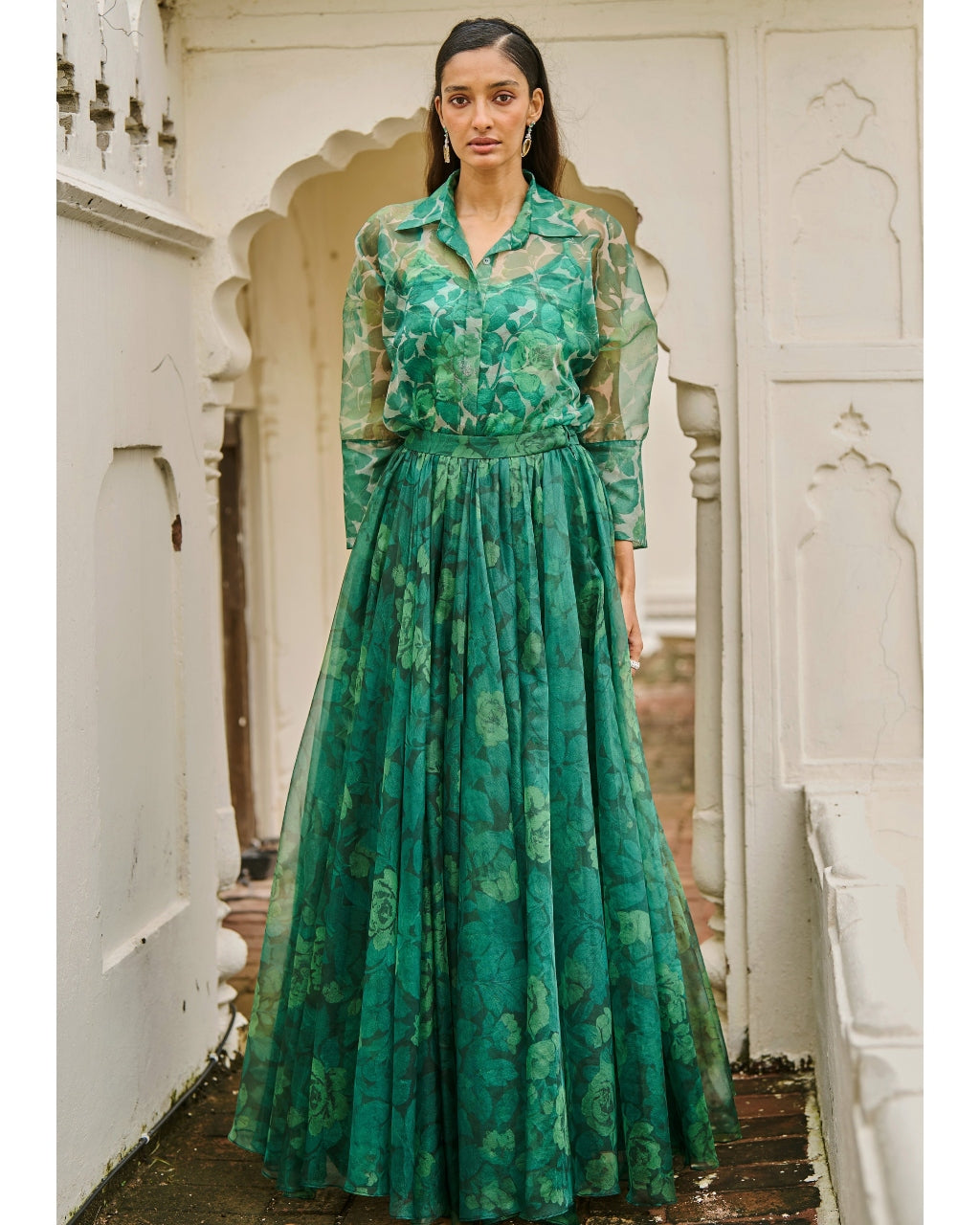 Printed Organza Maxi Skirt Set By KYNAH, Luxury Indian Fashion & Bridal Wear