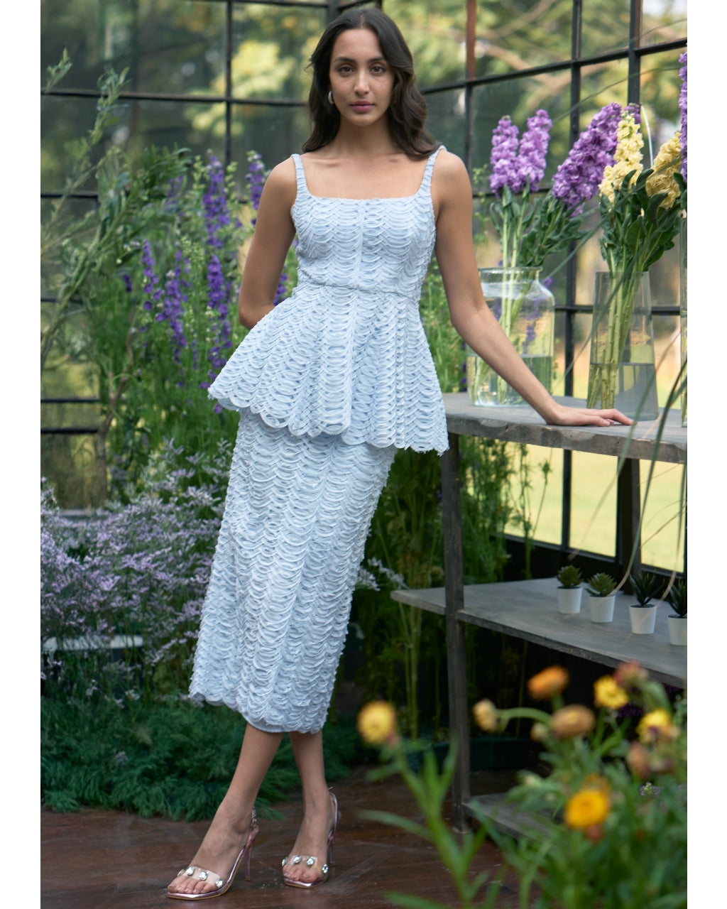 Ice Blue Ribbon Embroidered Peplum Top & Midi Skirt Set By KYNAH, Luxury Indian Fashion & Bridal Wear