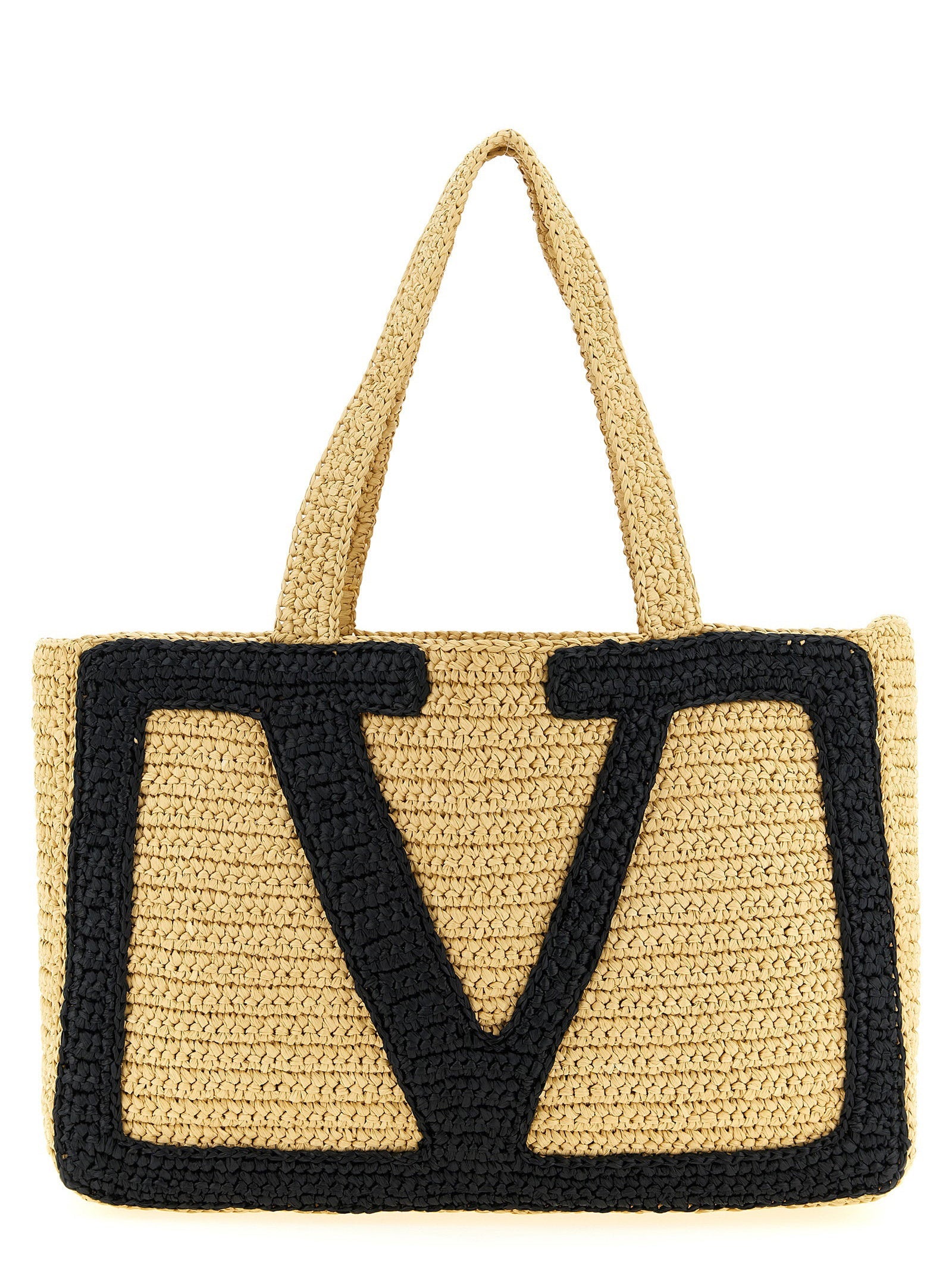 Valentino Garavani Crochet Raffia with Maxi VLogo Tote Bag — Beige
