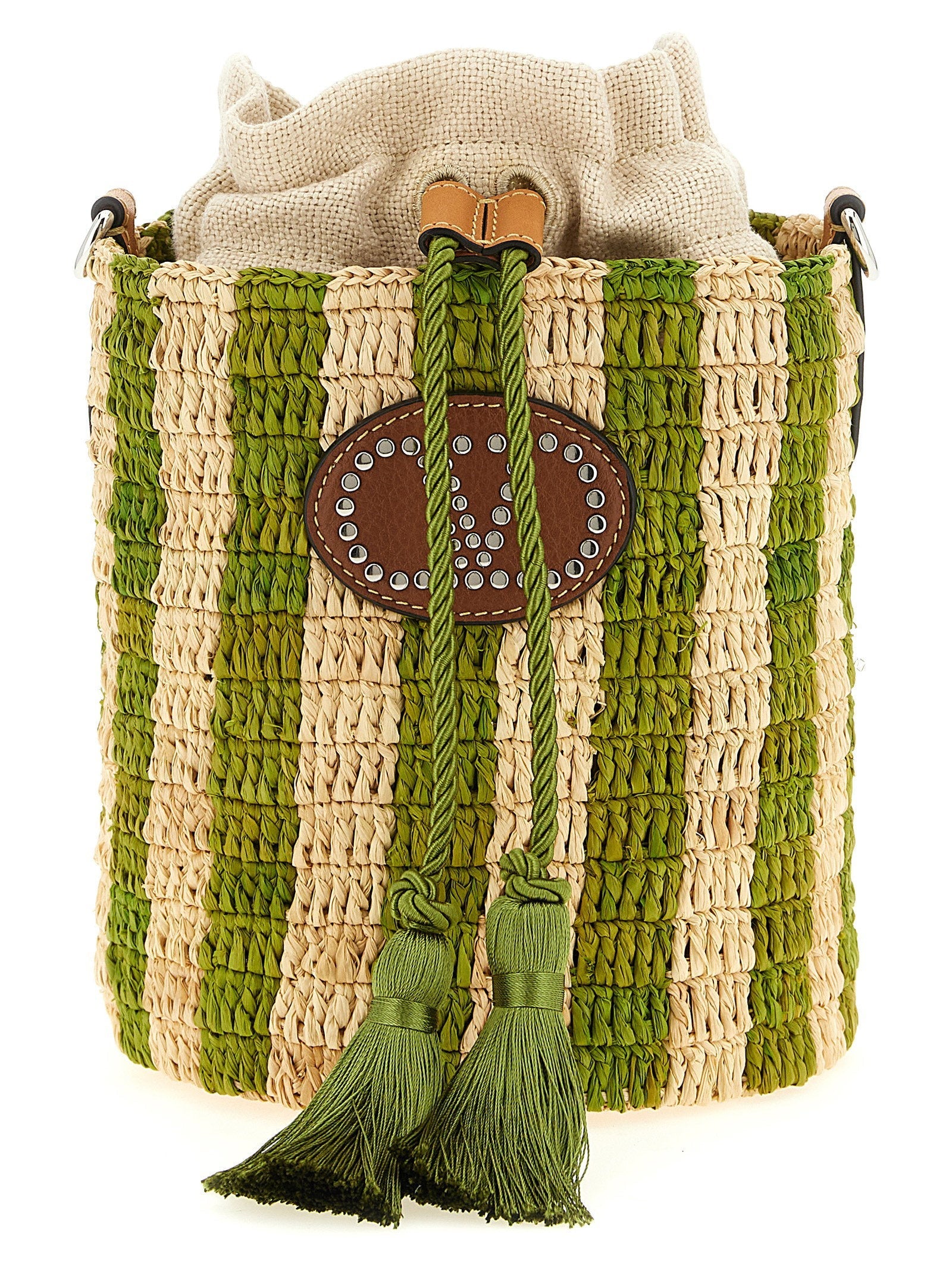 Valentino Garavani Hand-Woven Raffia Bucket Bag — Green