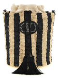 Valentino Garavani Hand-Woven Raffia Striped Bucket Bag — Black