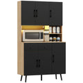 176 cm Tall Kitchen Cupboard with RGB LED Lights, Freestanding 6-Door Kitchen Storage Cabinet with 2 Drawers, Adjustable Shelves, Open Countertop and Cable Hole, Oak and Black