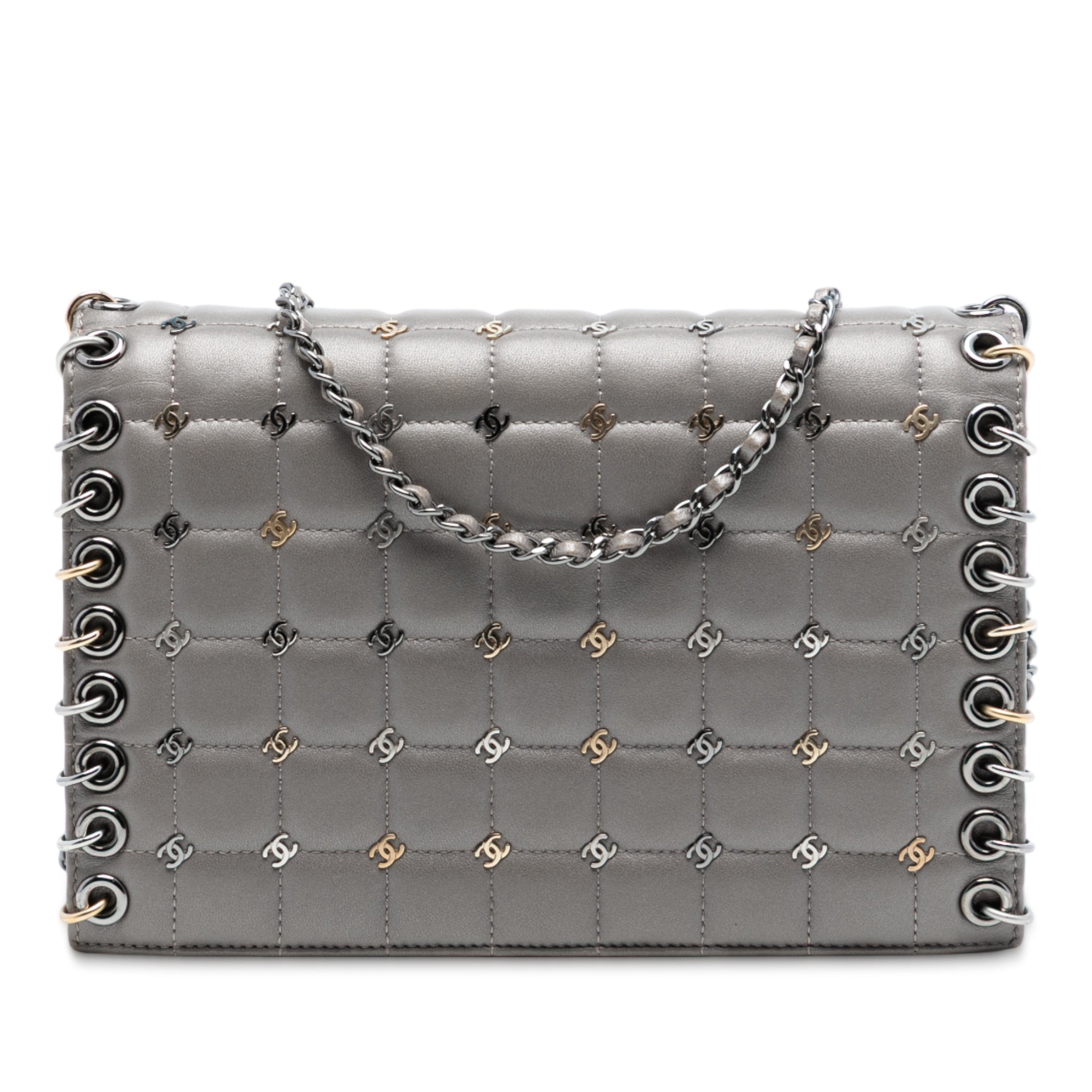 Small Lambskin Chocolate Bar CC Piercing Studded Chain Flap