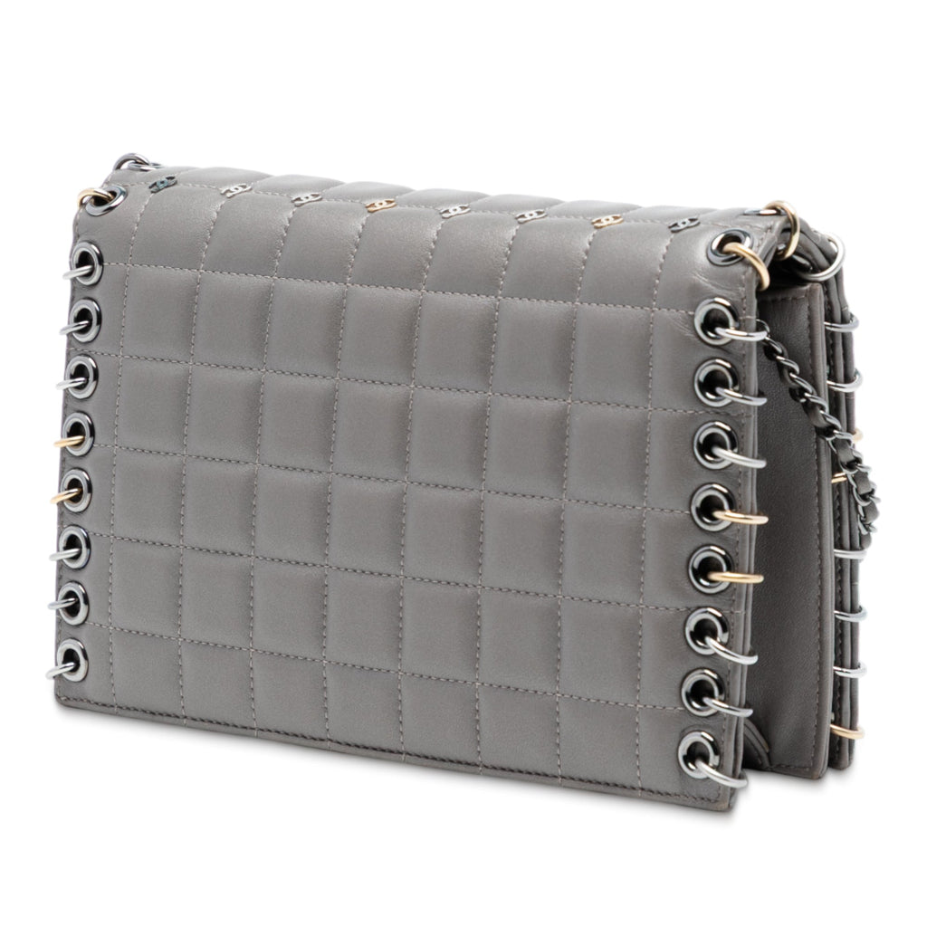 Small Lambskin Chocolate Bar CC Piercing Studded Chain Flap