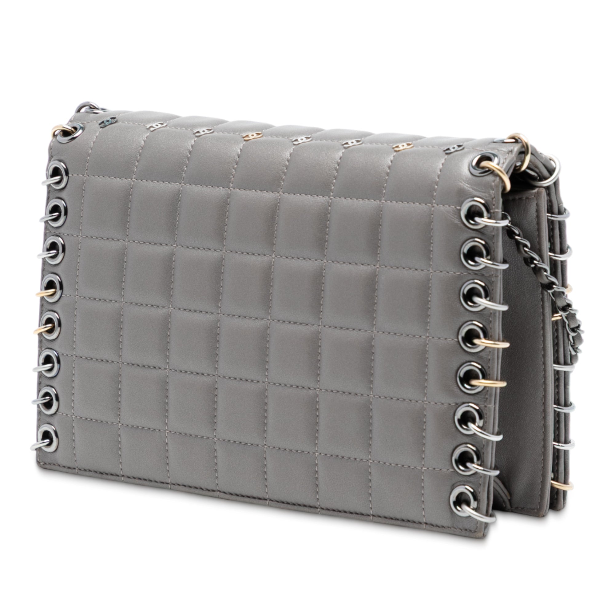 Small Lambskin Chocolate Bar CC Piercing Studded Chain Flap