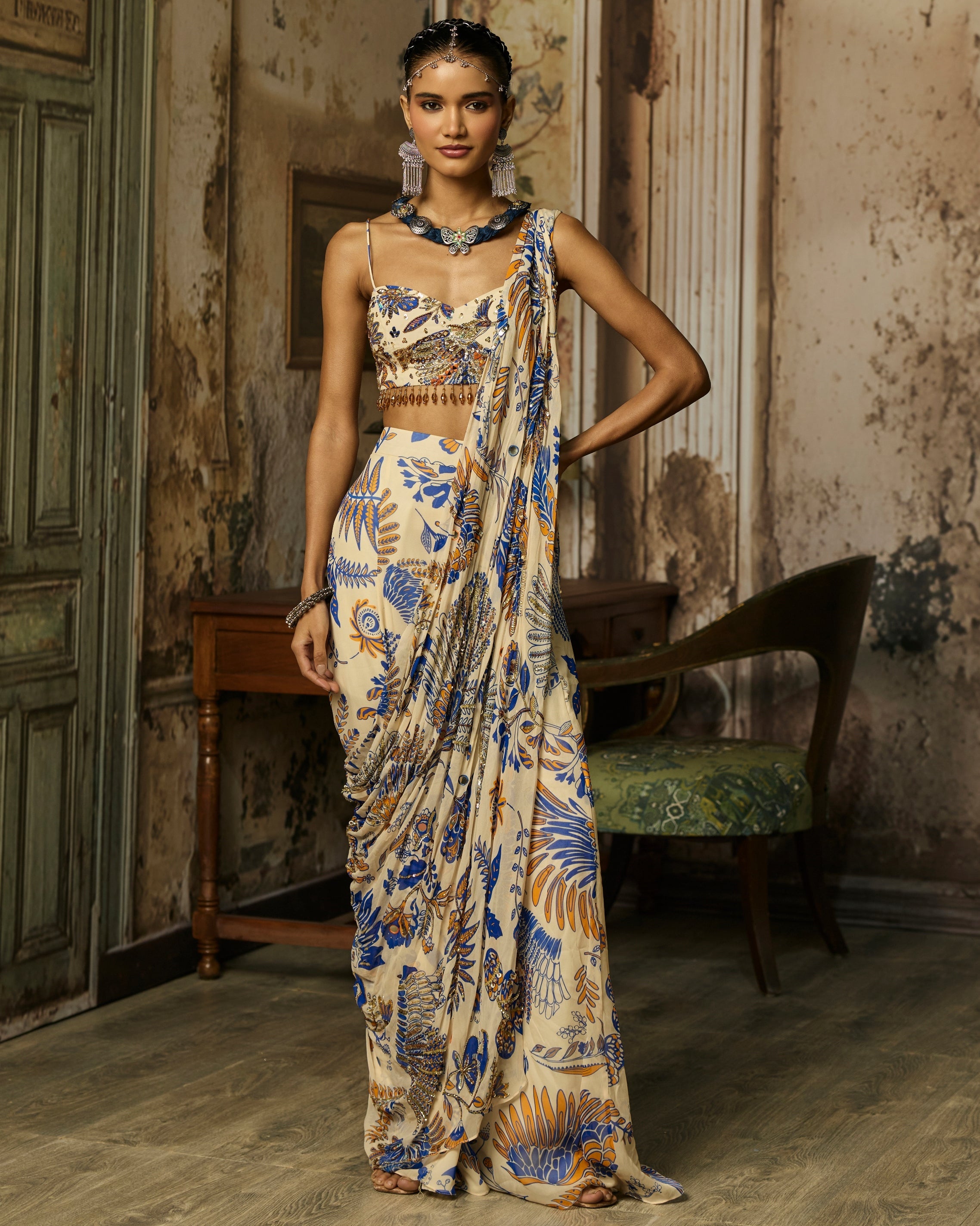Ivory Printed And Highlighted Sharara Pants Sari Set By KYNAH, Luxury Indian Fashion & Bridal Wear