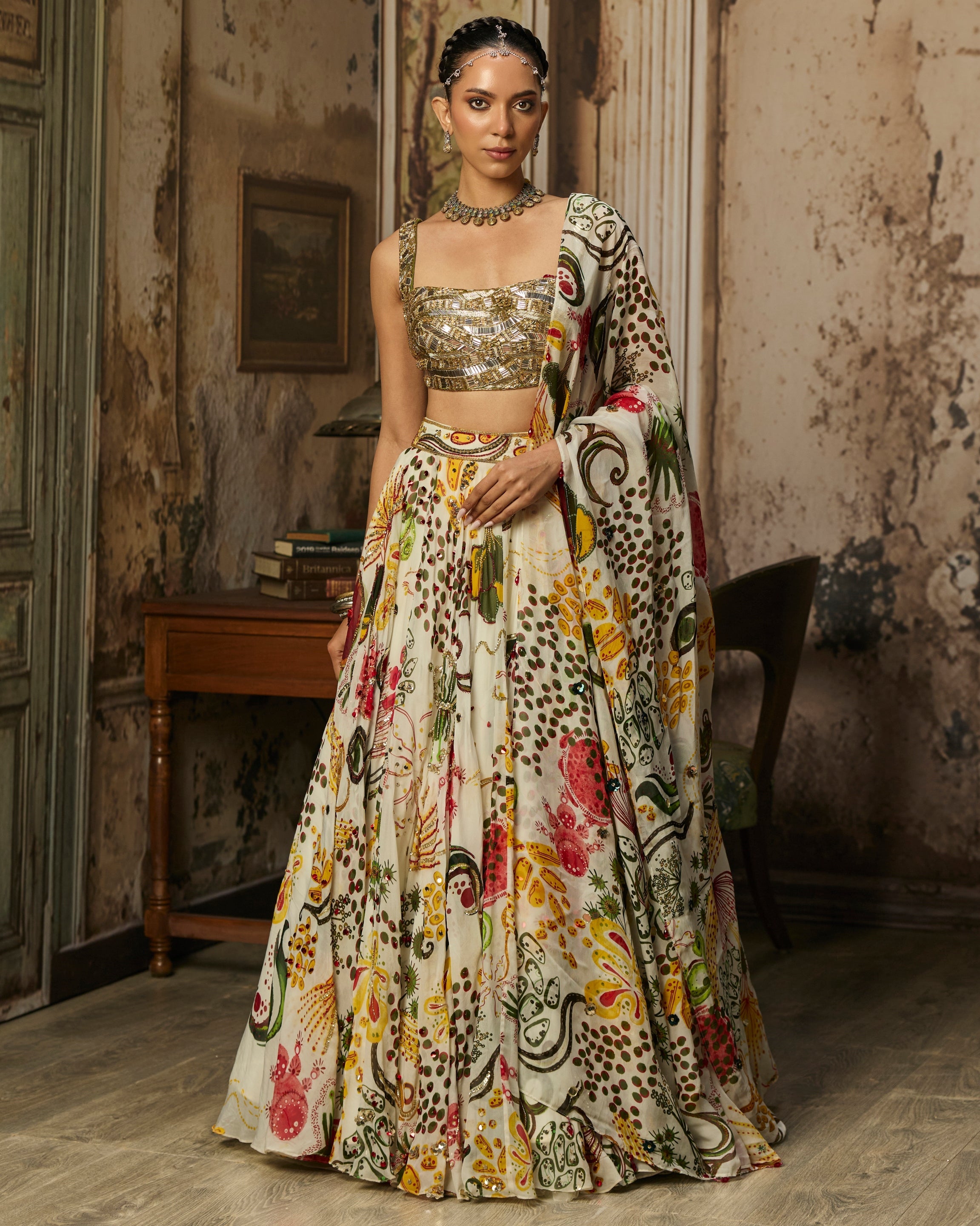 Light Gold Embellished Blouse And Highlighted Lehenga Set By KYNAH, Luxury Indian Fashion & Bridal Wear