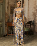 Ivory Printed And Highlighted Blouse With Fringe Jacket & Skirt Set By KYNAH, Luxury Indian Fashion & Bridal Wear