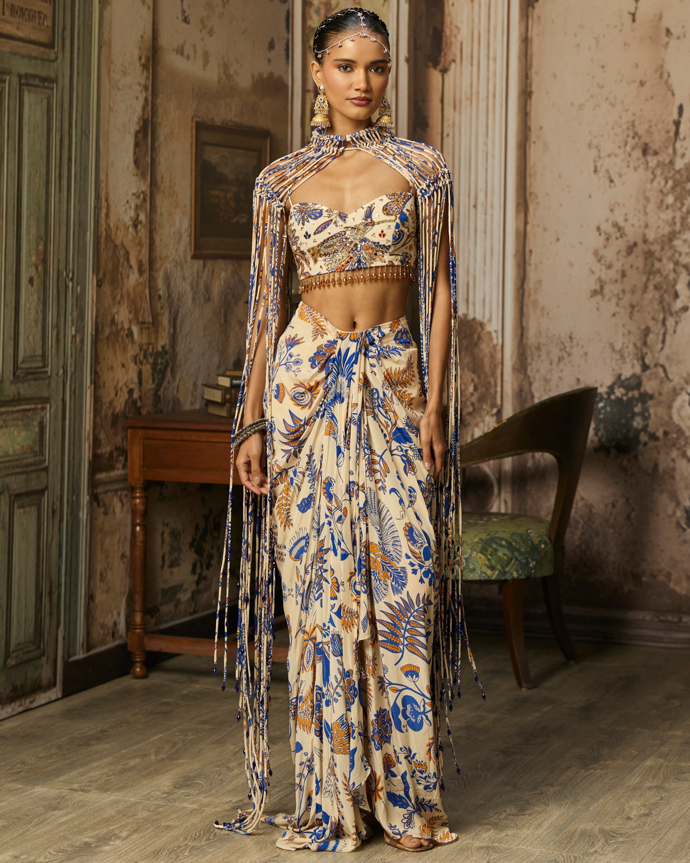 Ivory Printed And Highlighted Blouse With Fringe Jacket & Skirt Set By KYNAH, Luxury Indian Fashion & Bridal Wear