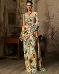 Ivory Print And Highlighted Corset With  Dhoti Skirt Sari Set By KYNAH, Luxury Indian Fashion & Bridal Wear