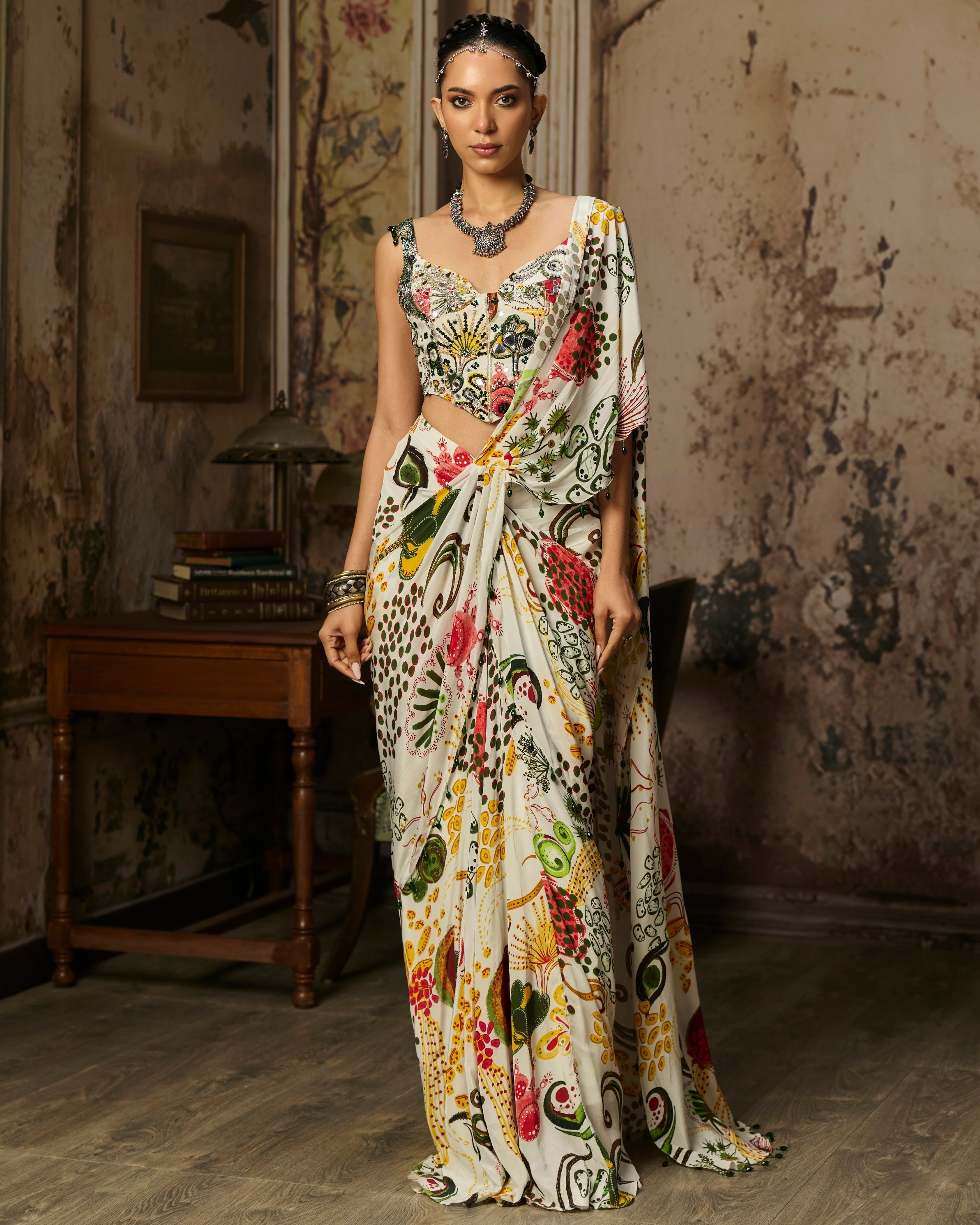 Ivory Print And Highlighted Corset With  Dhoti Skirt Sari Set By KYNAH, Luxury Indian Fashion & Bridal Wear
