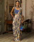 Ivory Blue Printed And Highlighted Sharara Pants Sari Set By KYNAH, Luxury Indian Fashion & Bridal Wear