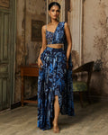 Navy Blue Printed Drape Asymmetric Crop Top And Skirt Set By KYNAH, Luxury Indian Fashion & Bridal Wear
