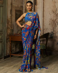 Electric Blue Printed And Highlighted Dhoti Skirt Sari Set By KYNAH, Luxury Indian Fashion & Bridal Wear