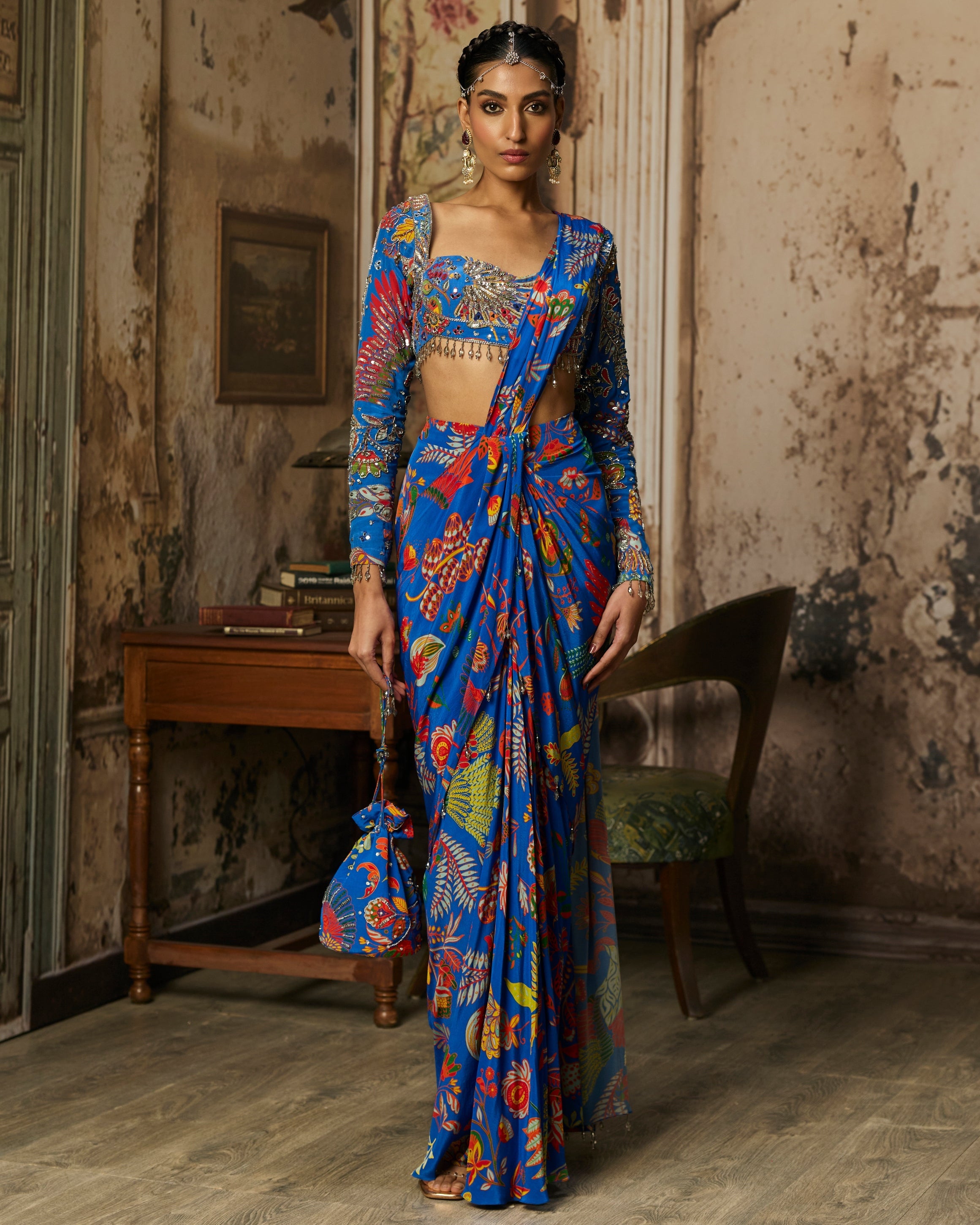 Electric Blue Printed And Highlighted Dhoti Sari By KYNAH, Luxury Indian Fashion & Bridal Wear