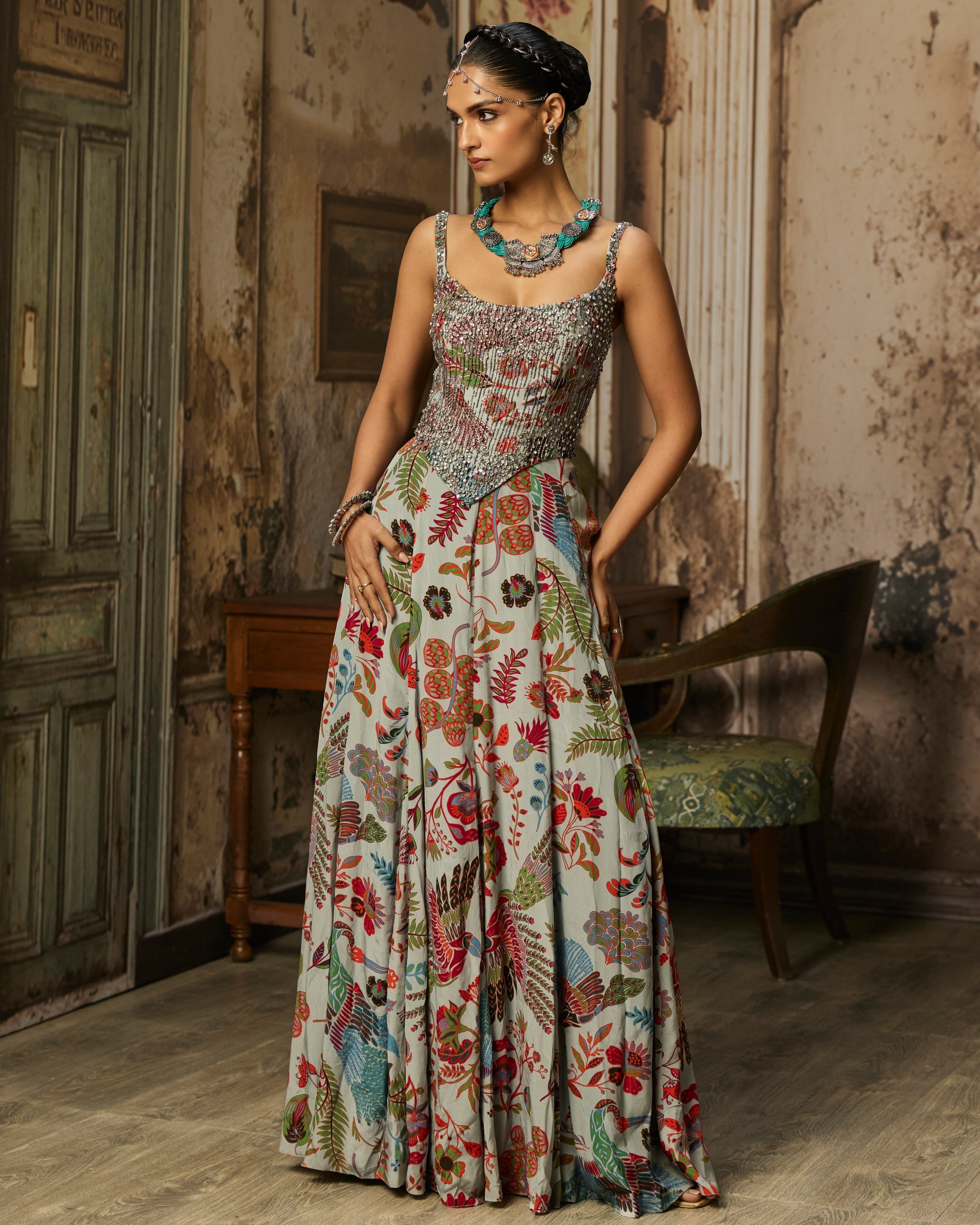 Slate Grey Printed And Highlighted Corset Gown By KYNAH, Luxury Indian Fashion & Bridal Wear
