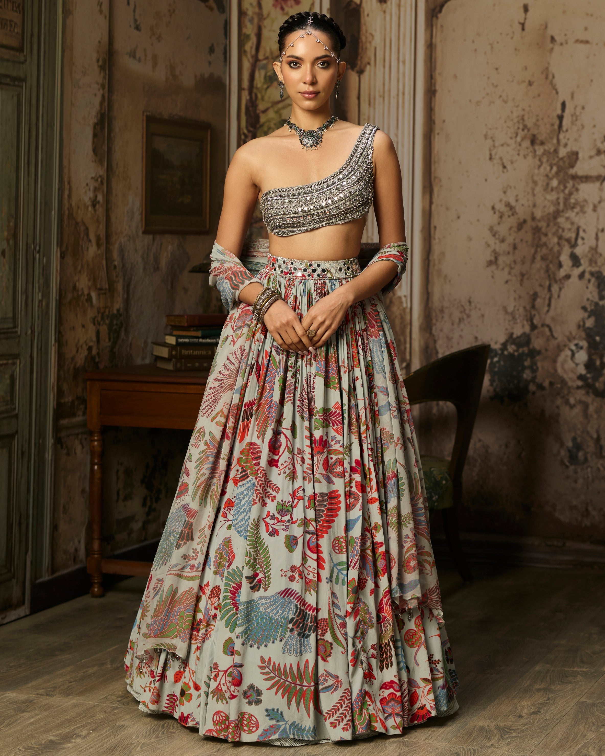 Slate Grey Embroidered Blouse With Printed Lehenga Set By KYNAH, Luxury Indian Fashion & Bridal Wear