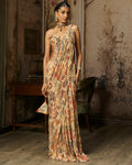Beige Printed And Highlighted Corset With Tiered Skirt Sari Set By KYNAH, Luxury Indian Fashion & Bridal Wear