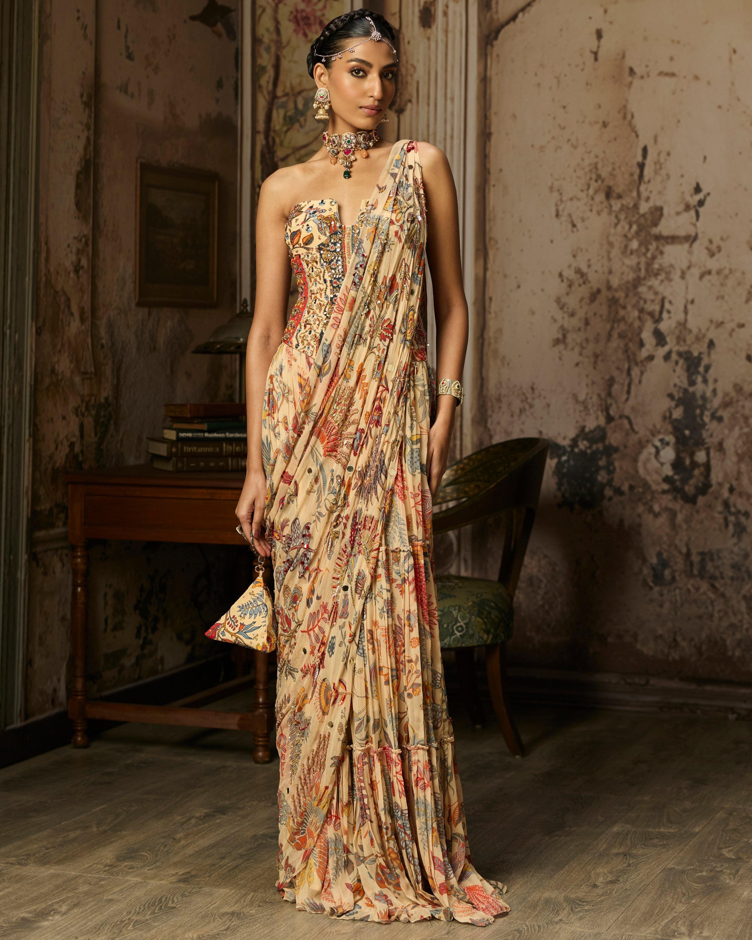 Beige Printed And Highlighted Corset With Tiered Skirt Sari Set By KYNAH, Luxury Indian Fashion & Bridal Wear