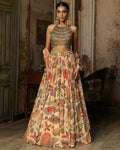 Beige Embroidered Blouse With Printed And Embroidered Lehenga Set By KYNAH, Luxury Indian Fashion & Bridal Wear