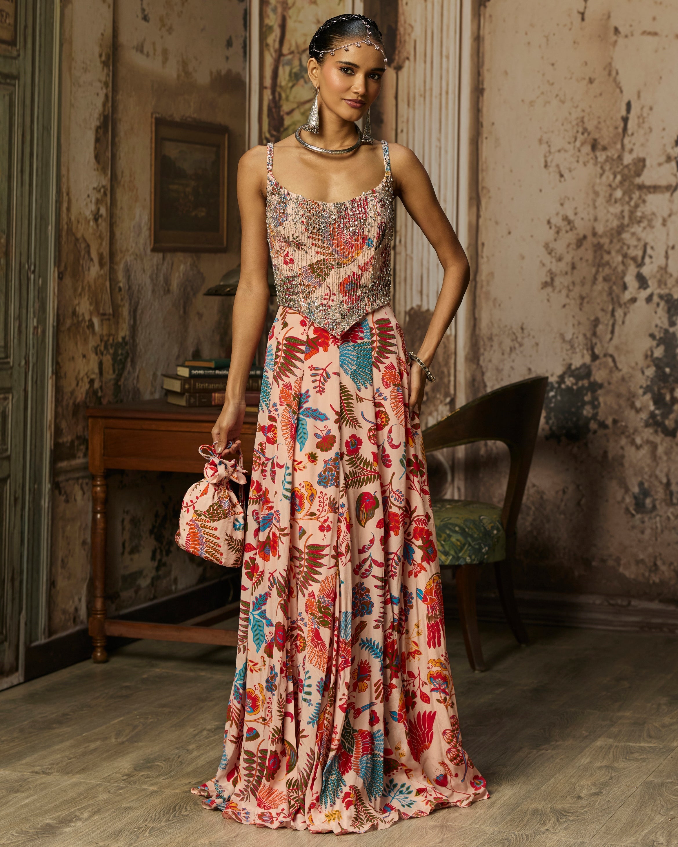 Blush Pink Printed And Highlighted Corset Gown By KYNAH, Luxury Indian Fashion & Bridal Wear