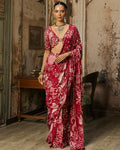 Scarlet Red Printed And Highlighted Classic Sari Set By KYNAH, Luxury Indian Fashion & Bridal Wear