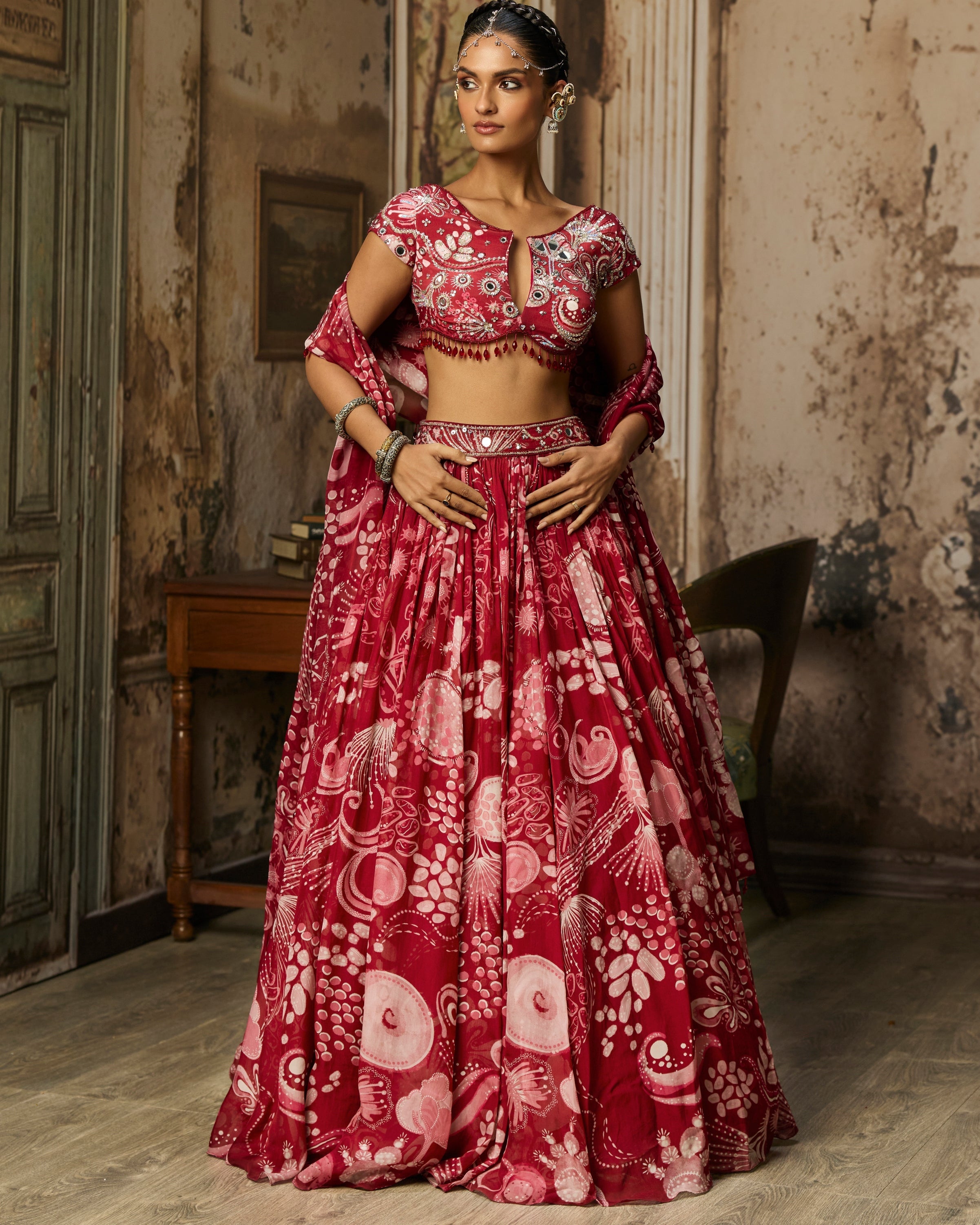 Scarlet Red Printed And Highlighted Lehenga Set By KYNAH, Luxury Indian Fashion & Bridal Wear