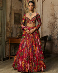 Deep Red Printed And Highlighted Lehenga Set By KYNAH, Luxury Indian Fashion & Bridal Wear