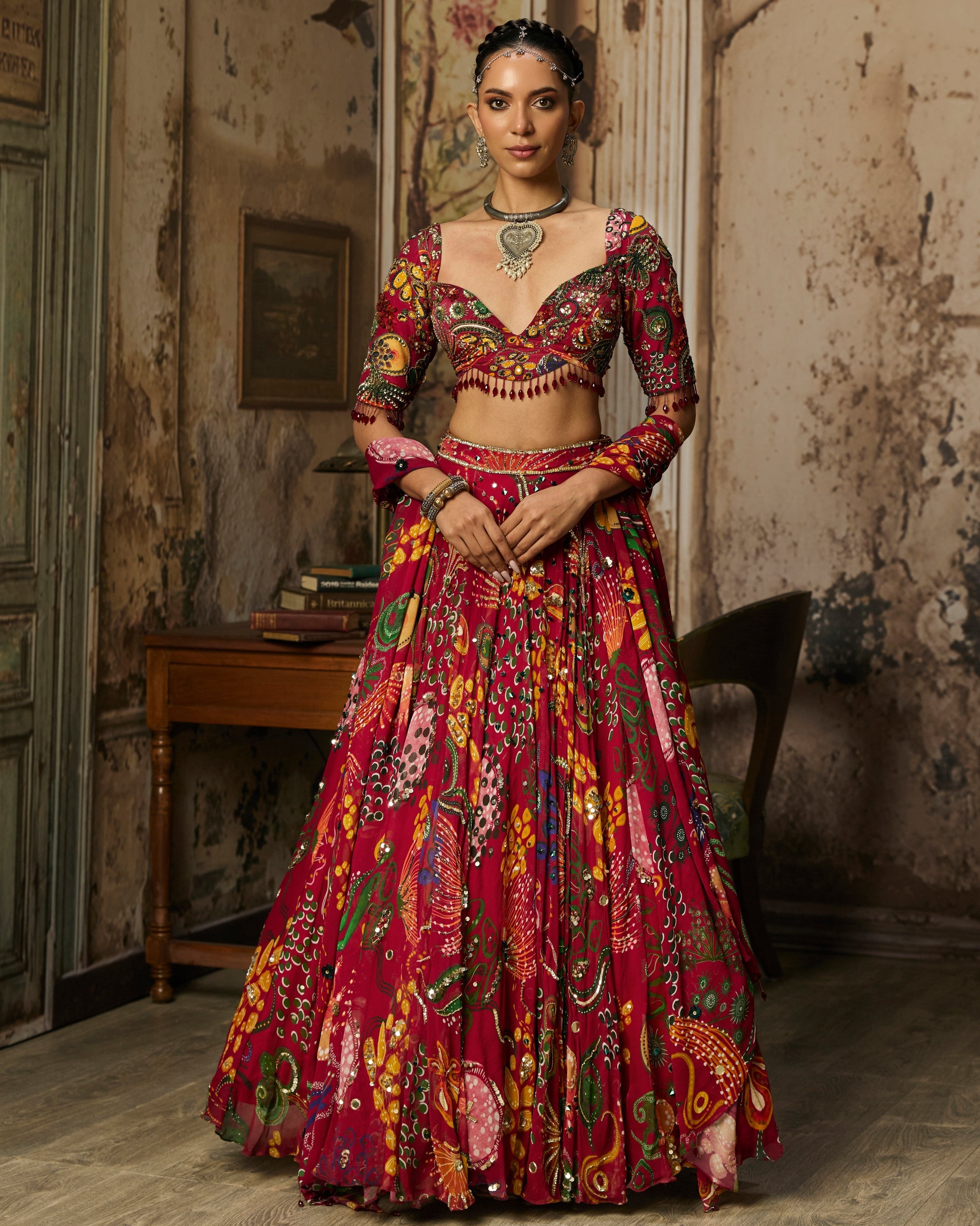 Deep Red Printed And Highlighted Lehenga Set By KYNAH, Luxury Indian Fashion & Bridal Wear
