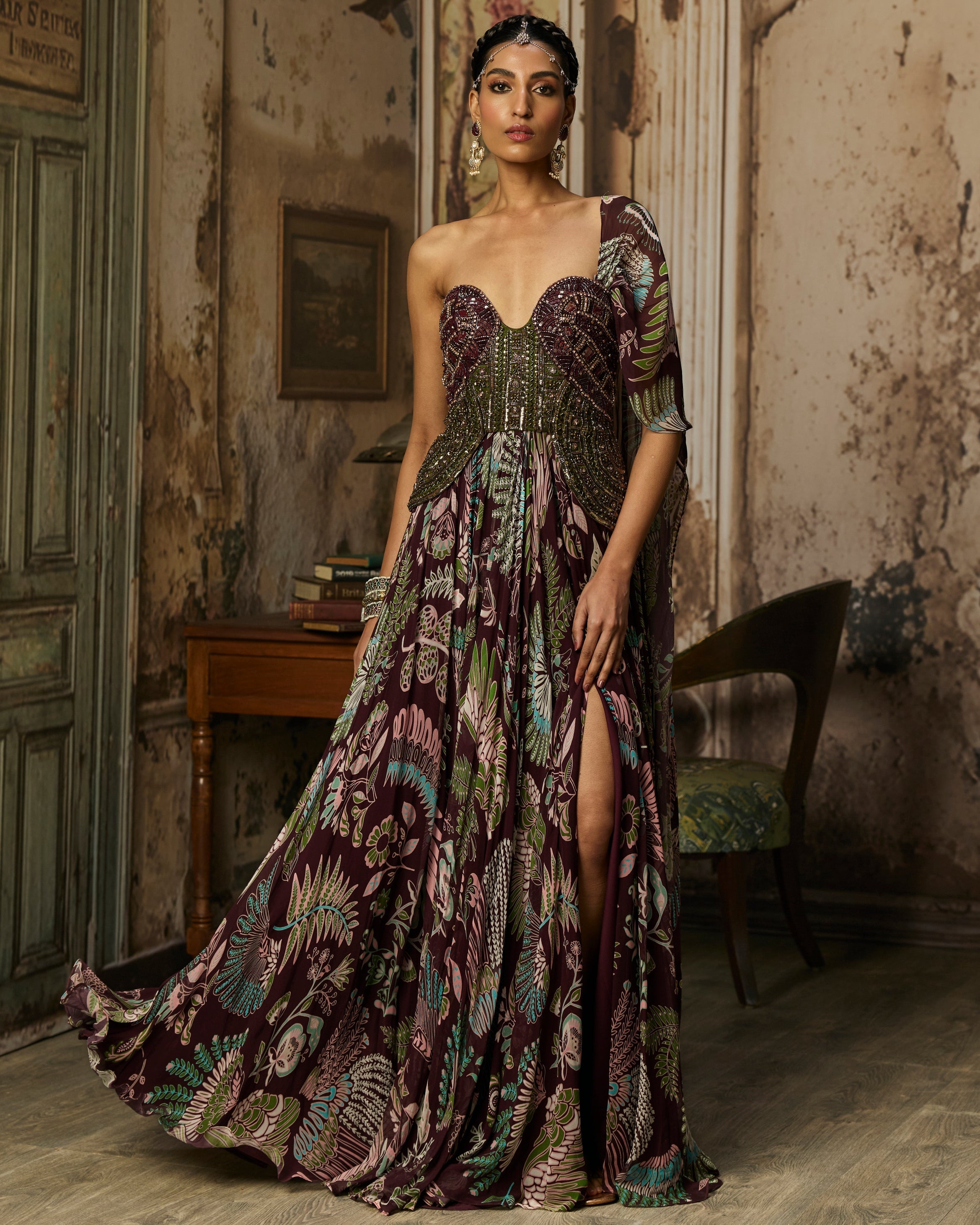 Plum Printed And Embroidered Drape Gown Sari By KYNAH, Luxury Indian Fashion & Bridal Wear