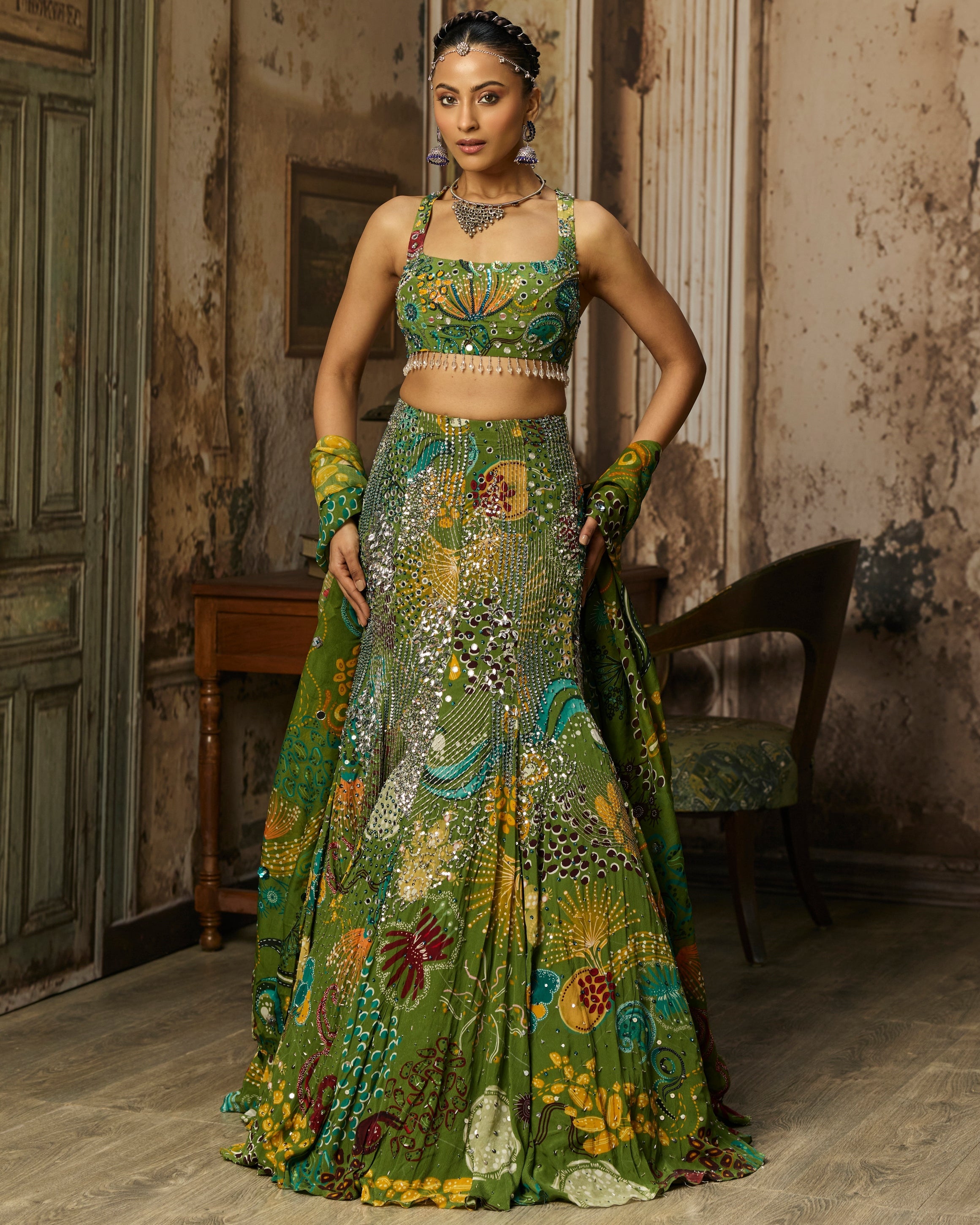 Pear Green Printed And Highlighted Mermaid Skirt Set By KYNAH, Luxury Indian Fashion & Bridal Wear