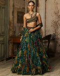 Dark Green Embellished Bouse With Printed And Highlighted Lehenga Set By KYNAH, Luxury Indian Fashion & Bridal Wear