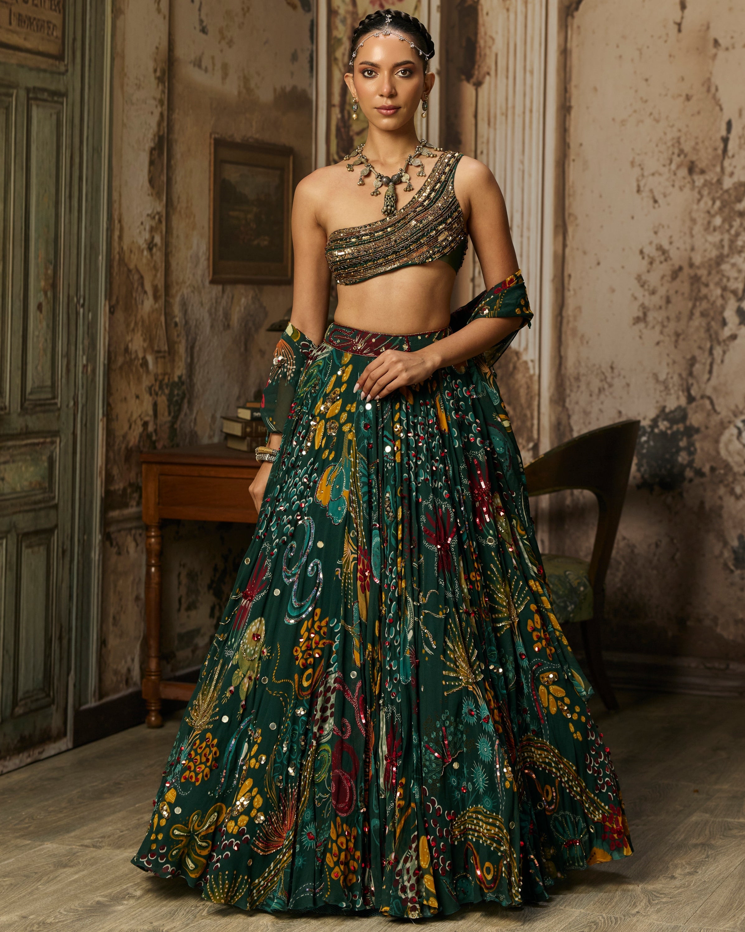 Dark Green Embellished Bouse With Printed And Highlighted Lehenga Set By KYNAH, Luxury Indian Fashion & Bridal Wear
